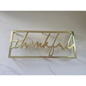 Crate & Barrel Gold Metal Thankful Script Trivet Footed Kitchen Hot Pad